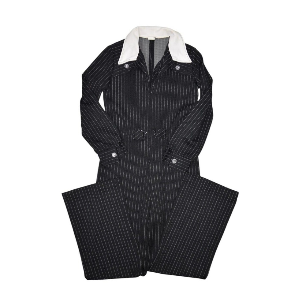 Vintage Jumpsuit Women Small Black Pinstripe Long Sleeve Collared Straight Leg